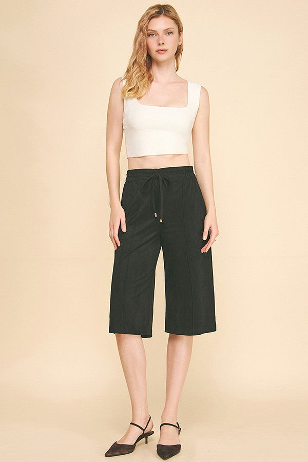 Faux Suede Drawstring Esque Bermuda Capri Shorts