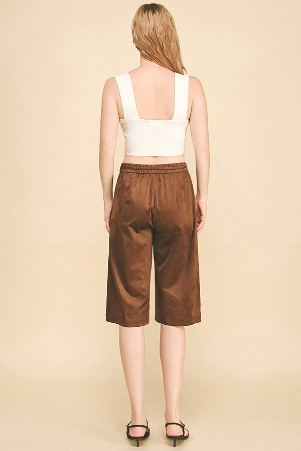 Faux Suede Drawstring Esque Bermuda Capri Shorts