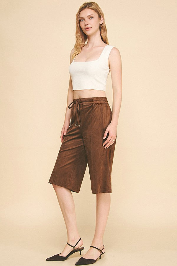 Faux Suede Drawstring Esque Bermuda Capri Shorts
