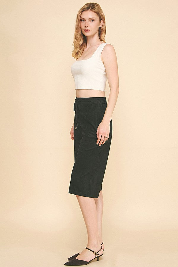 Faux Suede Drawstring Esque Bermuda Capri Shorts