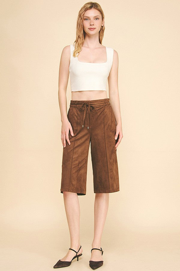 Faux Suede Drawstring Esque Bermuda Capri Shorts