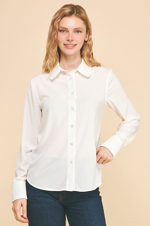 Textured Crepe Lace Edge Collar Cuff Dress Shirt Blouse