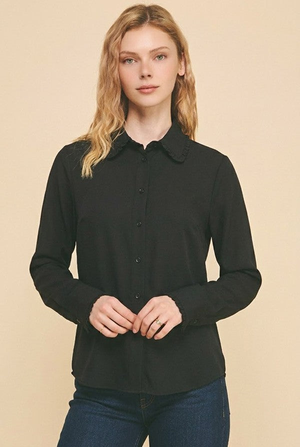 Textured Crepe Lace Edge Collar Cuff Dress Shirt Blouse