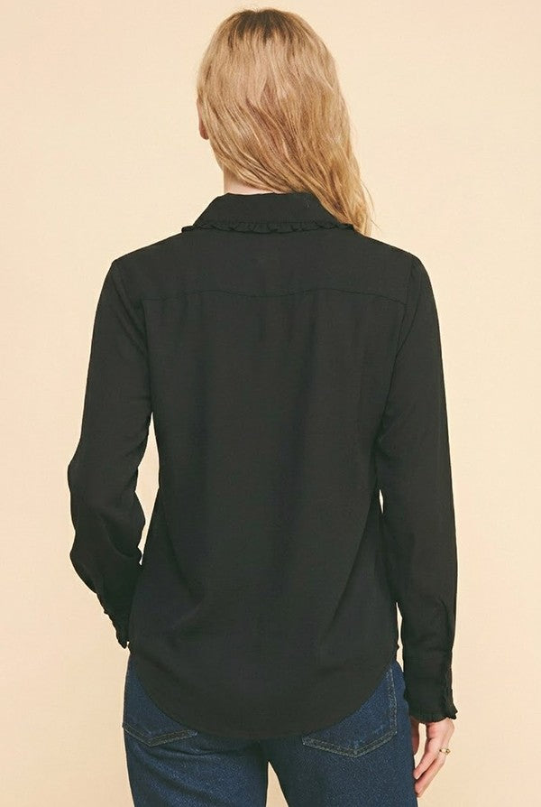 Textured Crepe Lace Edge Collar Cuff Dress Shirt Blouse