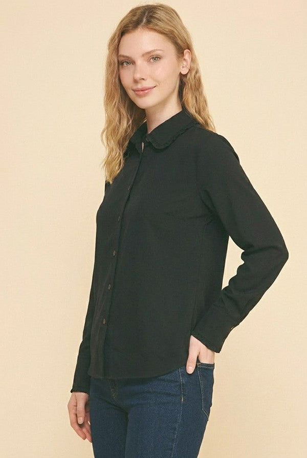 Textured Crepe Lace Edge Collar Cuff Dress Shirt Blouse