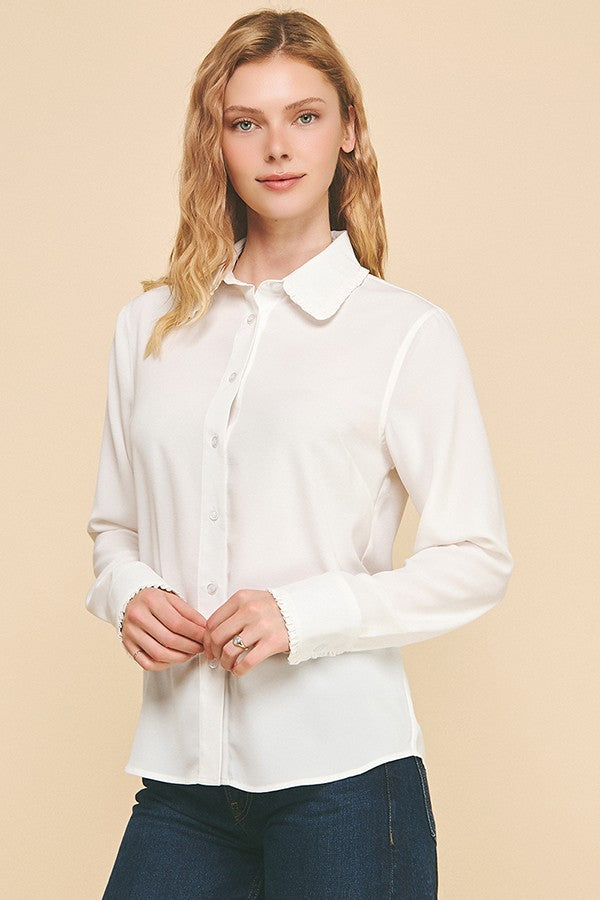 Textured Crepe Lace Edge Collar Cuff Dress Shirt Blouse