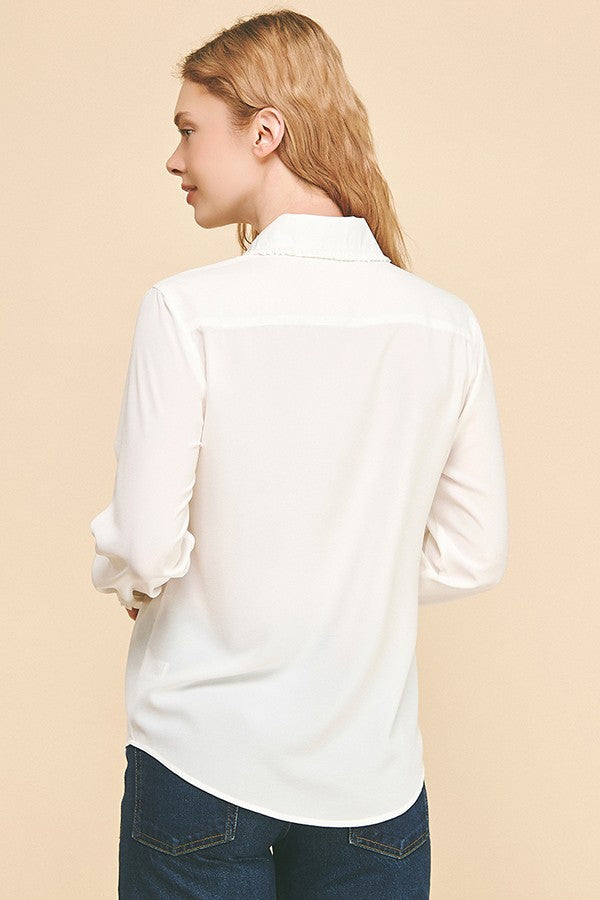 Textured Crepe Lace Edge Collar Cuff Dress Shirt Blouse