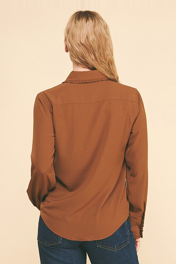Textured Crepe Lace Edge Collar Cuff Dress Shirt Blouse