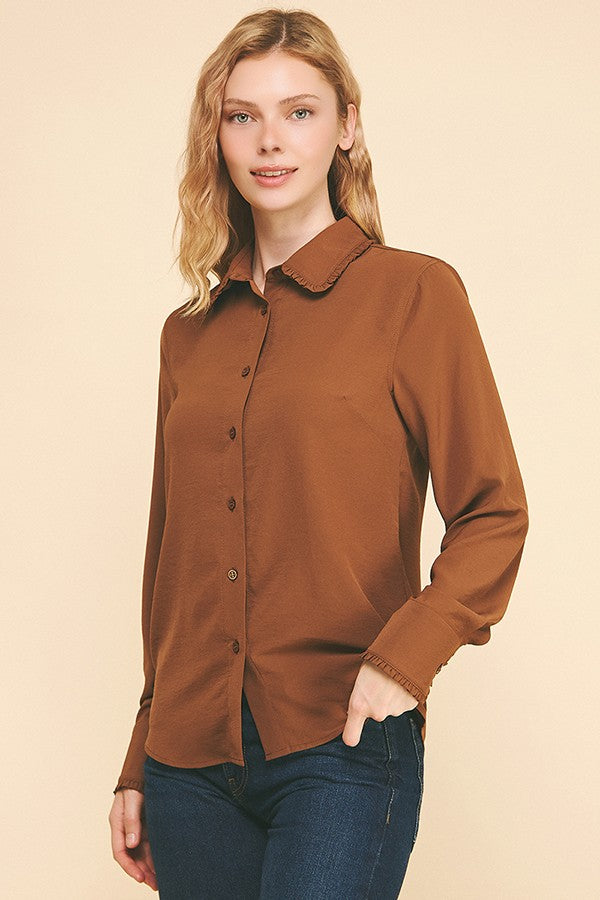 Textured Crepe Lace Edge Collar Cuff Dress Shirt Blouse