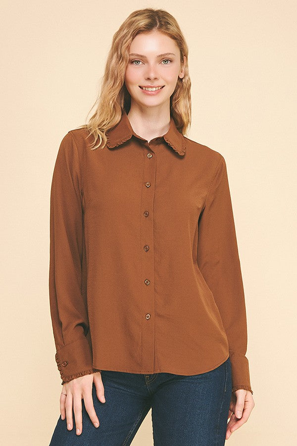 Textured Crepe Lace Edge Collar Cuff Dress Shirt Blouse