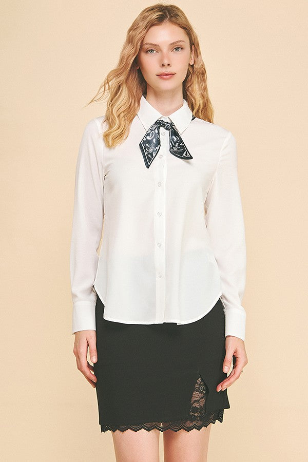 Textured Crepe Neck Scarf Tie Dress Shirt Blouse
