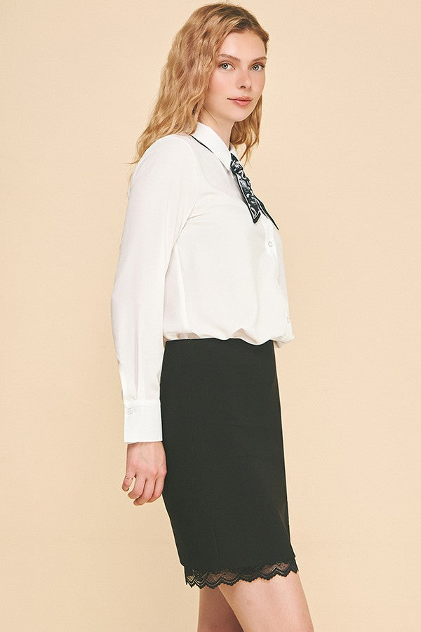 Textured Crepe Neck Scarf Tie Dress Shirt Blouse