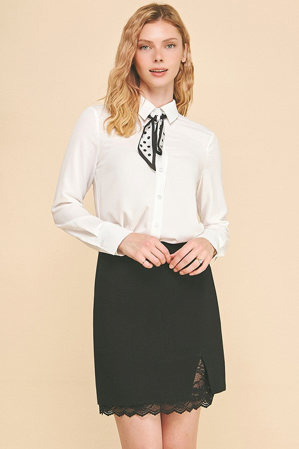 Textured Crepe Neck Scarf Tie Dress Shirt Blouse