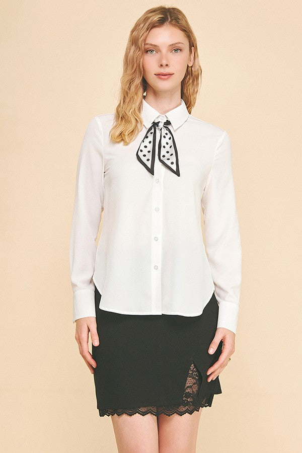 Textured Crepe Neck Scarf Tie Dress Shirt Blouse