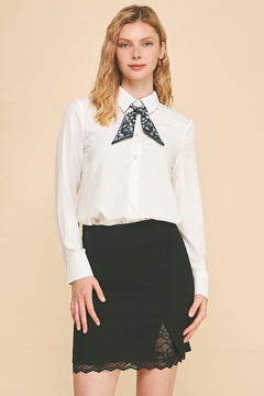 Textured Crepe Neck Scarf Tie Dress Shirt Blouse