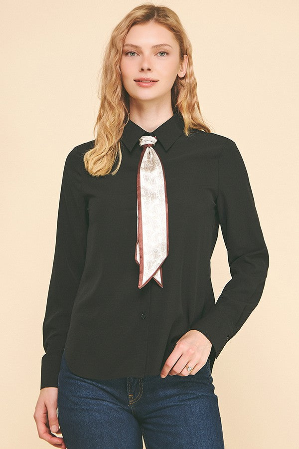 Textured Crepe Paisley Neck Tie Dress Shirt Blouse