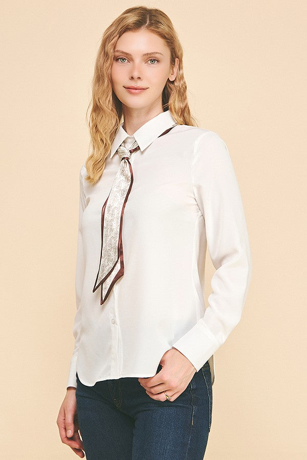 Textured Crepe Paisley Neck Tie Dress Shirt Blouse