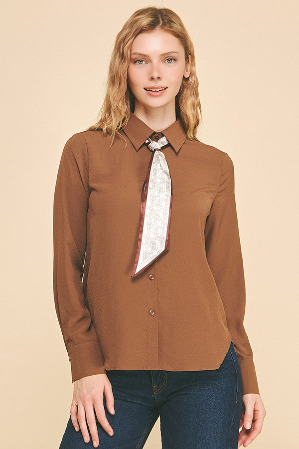 Textured Crepe Paisley Neck Tie Dress Shirt Blouse