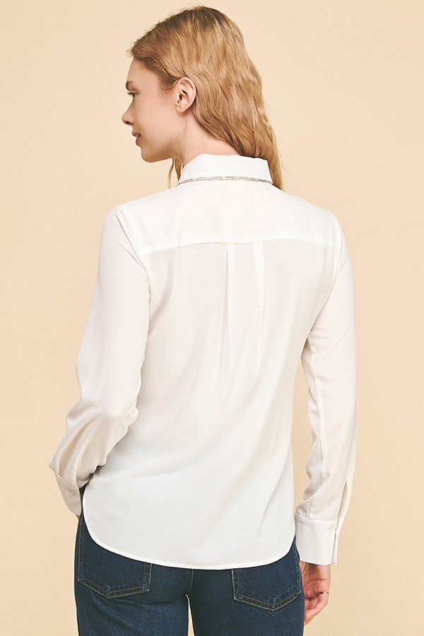 Textured Crepe Paisley Neck Tie Dress Shirt Blouse