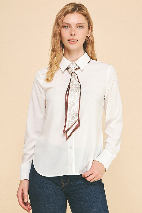 Textured Crepe Paisley Neck Tie Dress Shirt Blouse