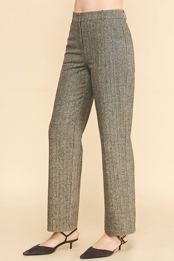 Jacquard Herringbone High Rise Straight Wide Leg Trousers