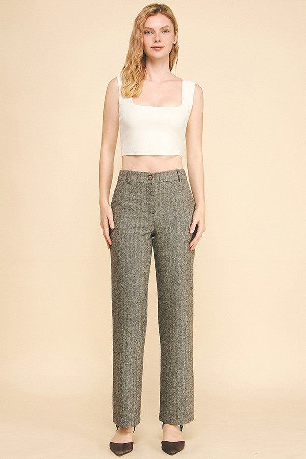 Jacquard Herringbone High Rise Straight Wide Leg Trousers