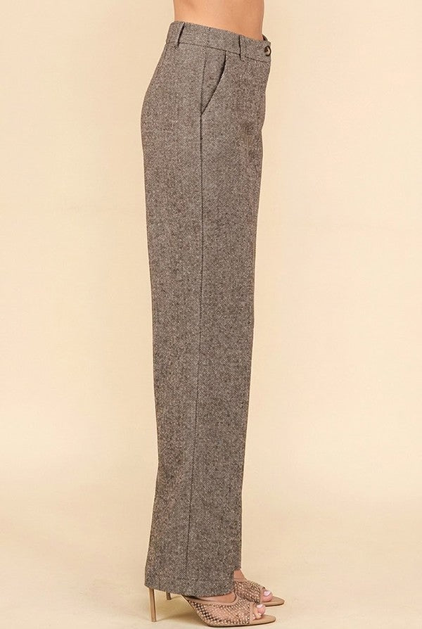 Jacquard Herringbone High Rise Straight Wide Leg Trousers