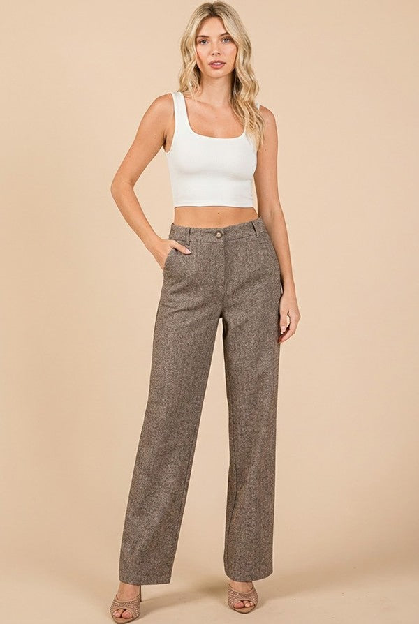 Jacquard Herringbone High Rise Straight Wide Leg Trousers