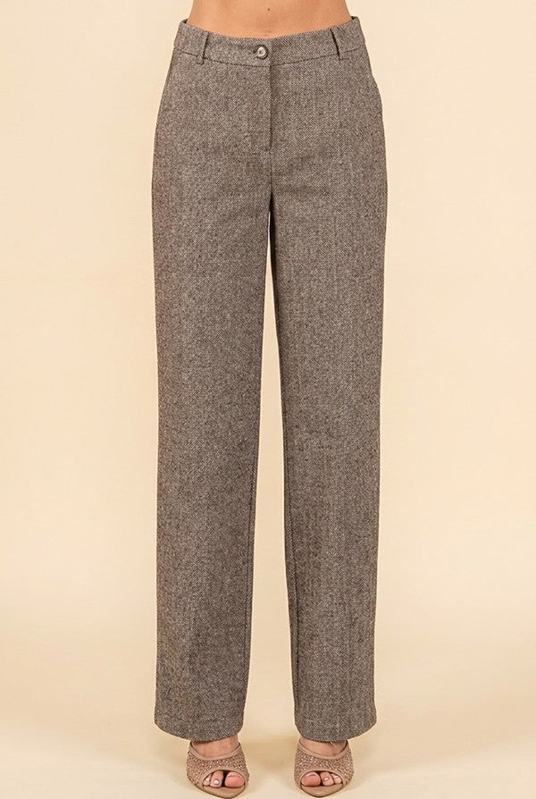 Jacquard Herringbone High Rise Straight Wide Leg Trousers