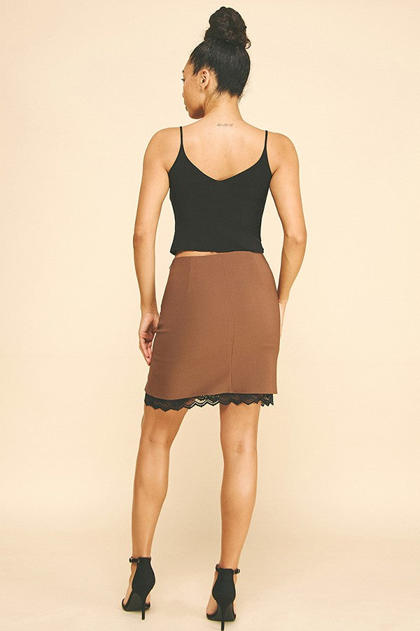 Twill Black Lace Hem Slitted Skirt