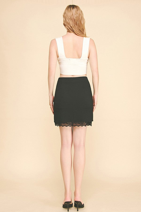 Twill Black Lace Hem Slitted Skirt