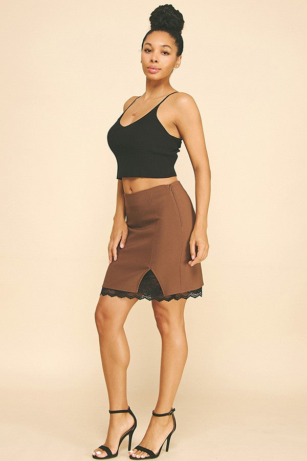 Twill Black Lace Hem Slitted Skirt