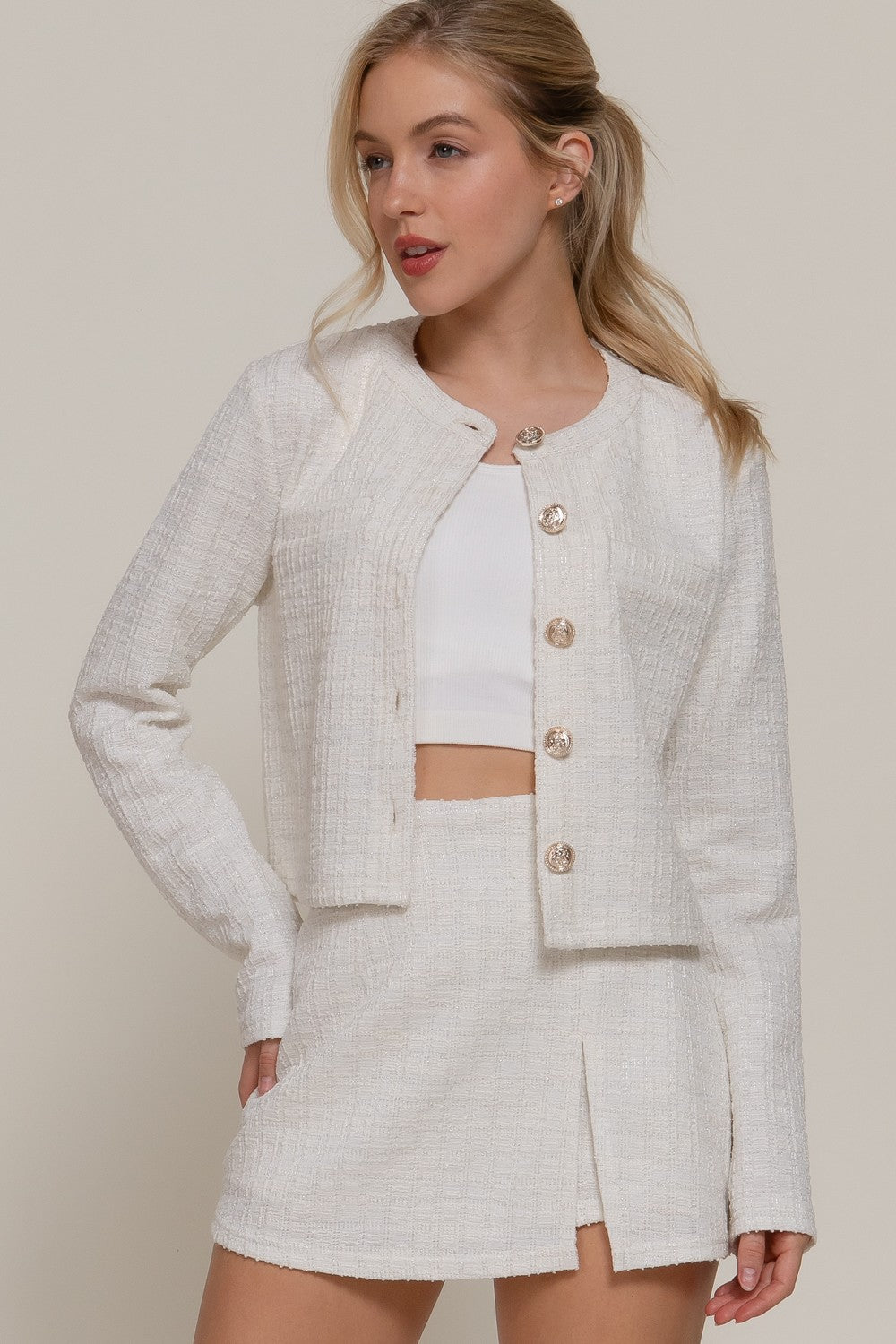Long Sleeve Button Down Tweed Jacket