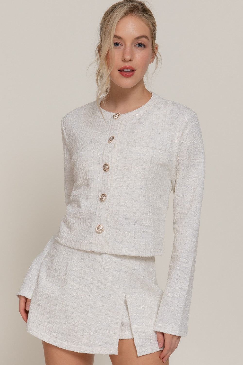 Long Sleeve Button Down Tweed Jacket