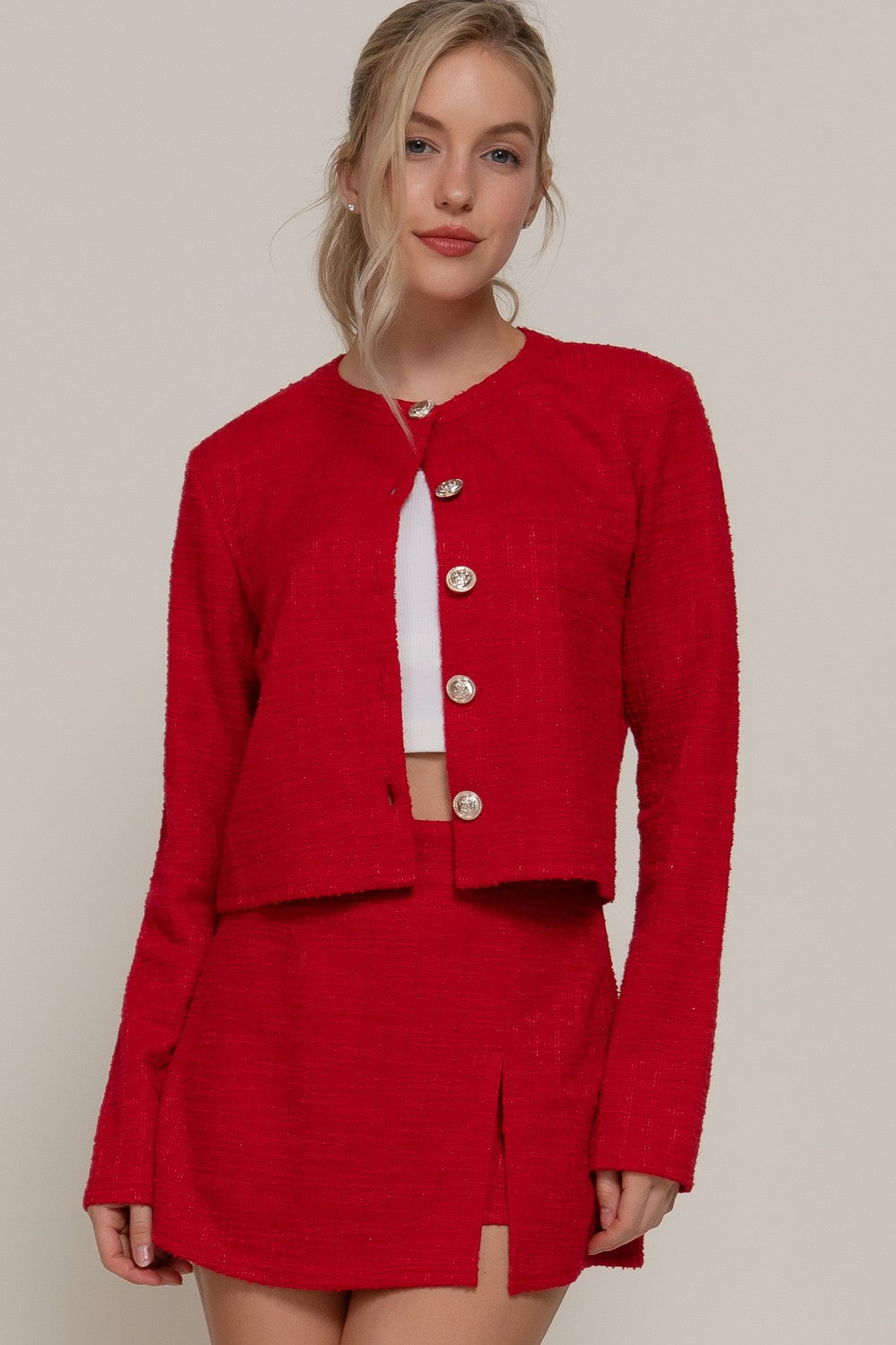 Long Sleeve Button Down Tweed Jacket