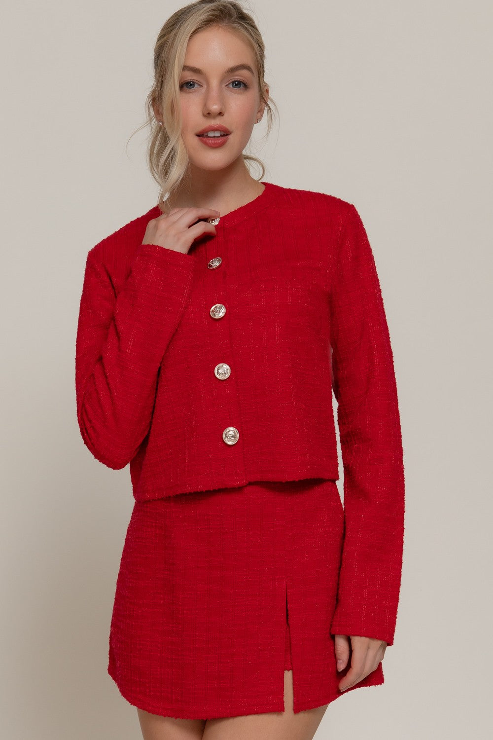 Long Sleeve Button Down Tweed Jacket