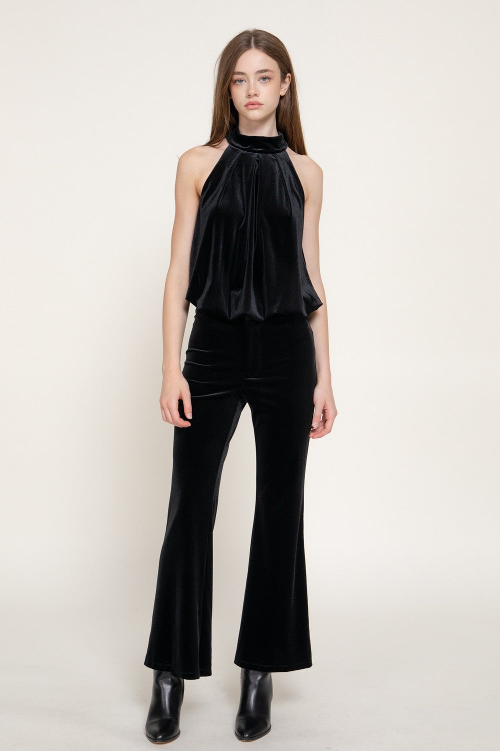 Halter Neck Shirred Inner Elastic Velvet Top
