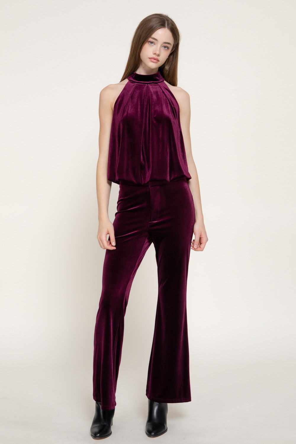 Halter Neck Shirred Inner Elastic Velvet Top