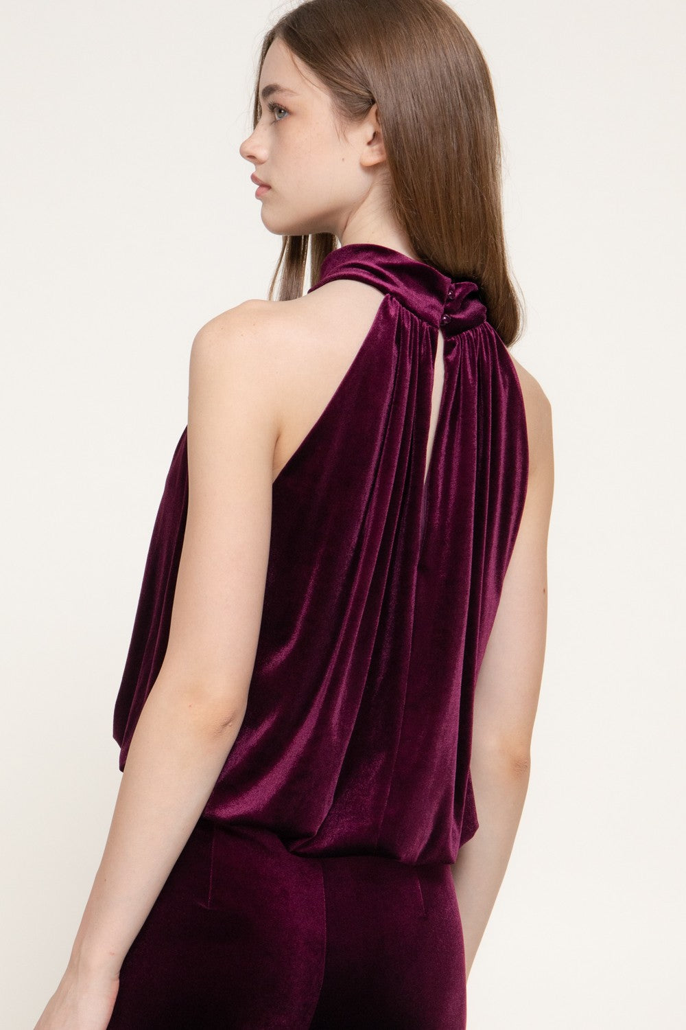 Halter Neck Shirred Inner Elastic Velvet Top