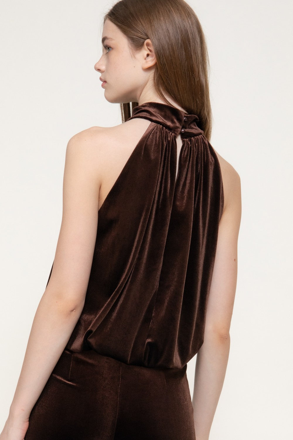 Halter Neck Shirred Inner Elastic Velvet Top