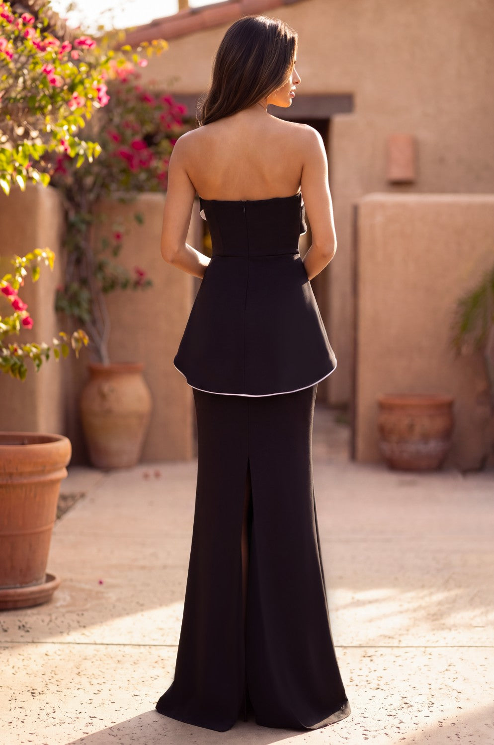 Fitted Crepe Peplum Formal Evening Dress