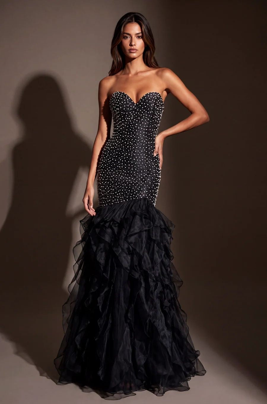 Formal Pearl Beaded Tiered Mermaid Evening Dress