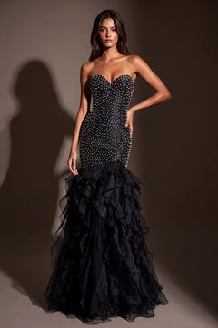 Formal Pearl Beaded Tiered Mermaid Evening Dress