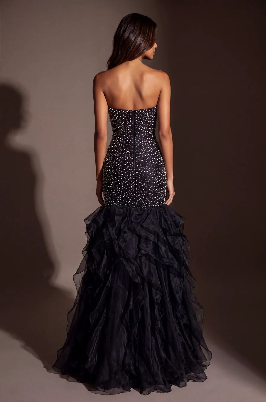 Formal Pearl Beaded Tiered Mermaid Evening Dress