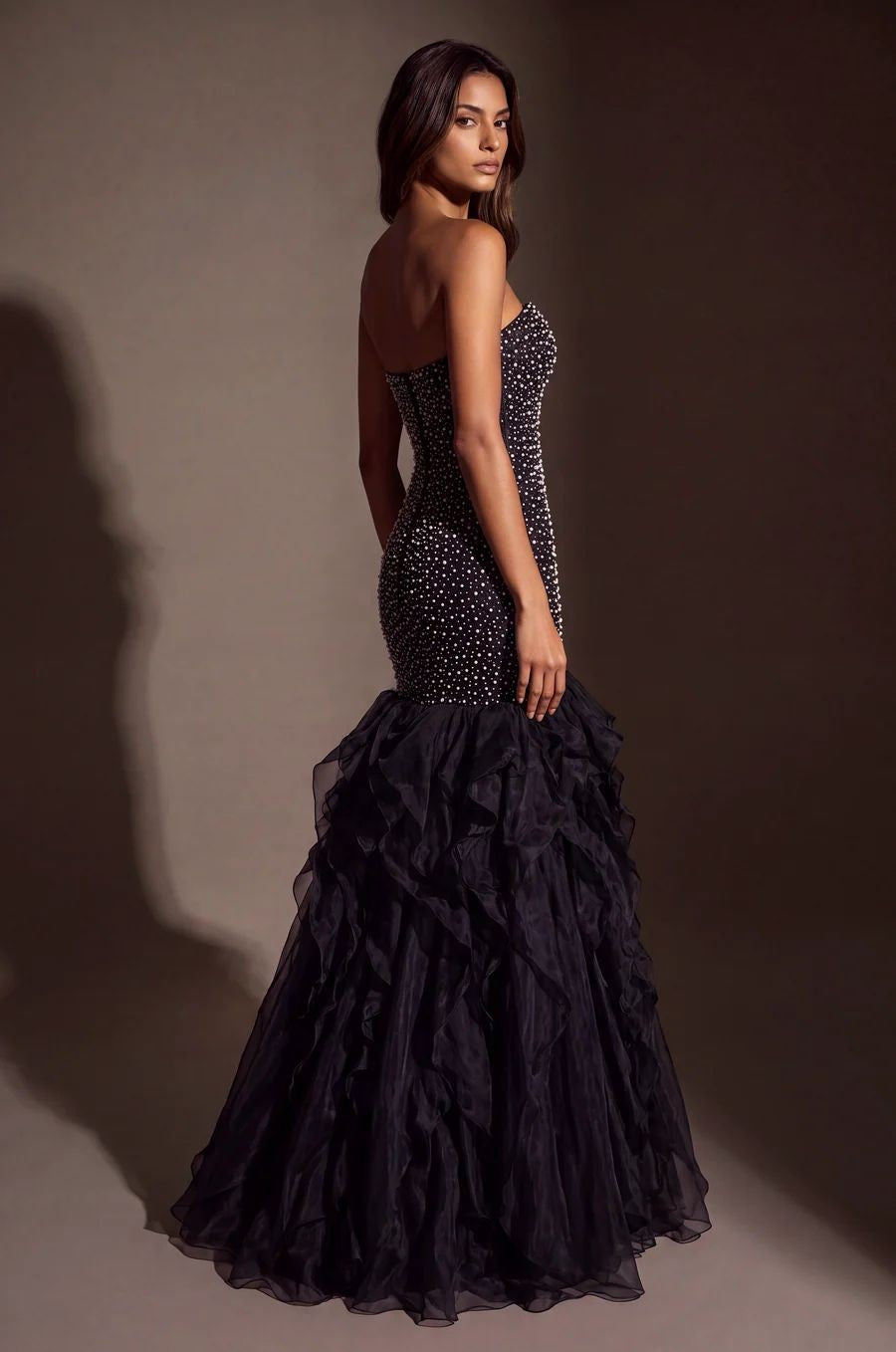 Formal Pearl Beaded Tiered Mermaid Evening Dress