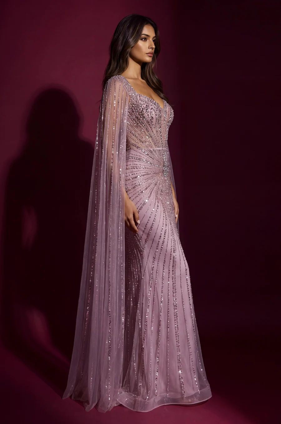 Formal Dress Beaded Cape Evening Gown