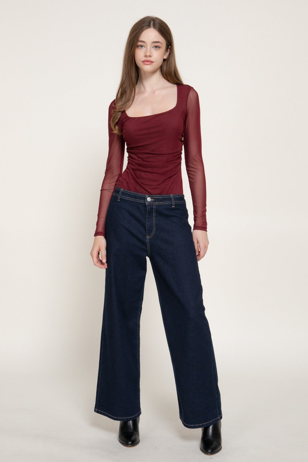 Long Sleeve Square Neck Mesh Bodysuit