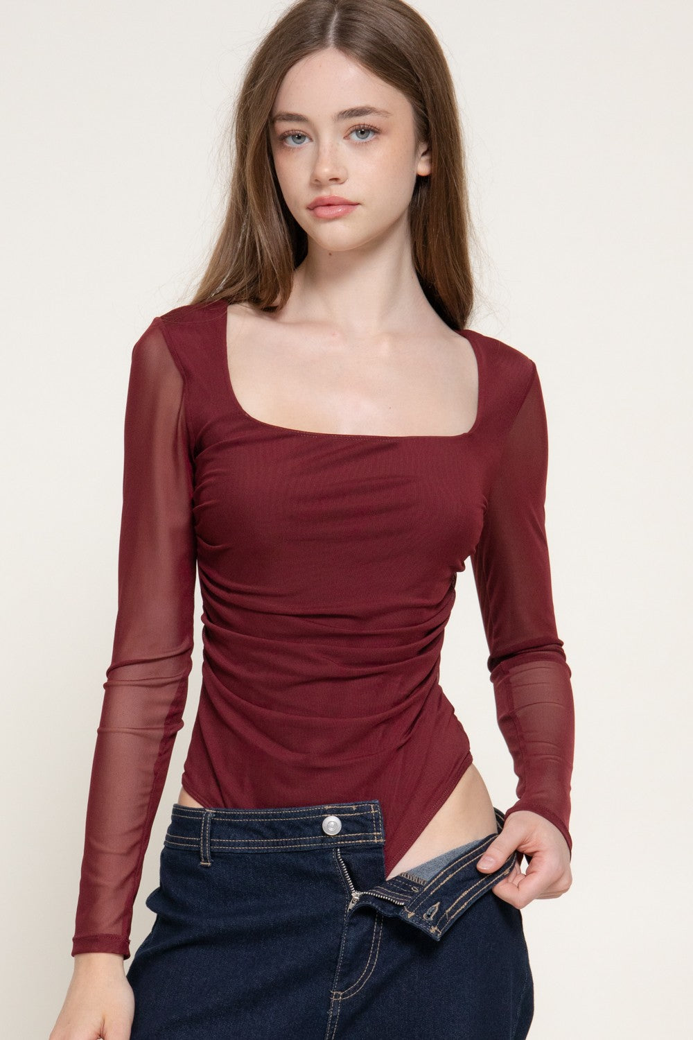 Long Sleeve Square Neck Mesh Bodysuit
