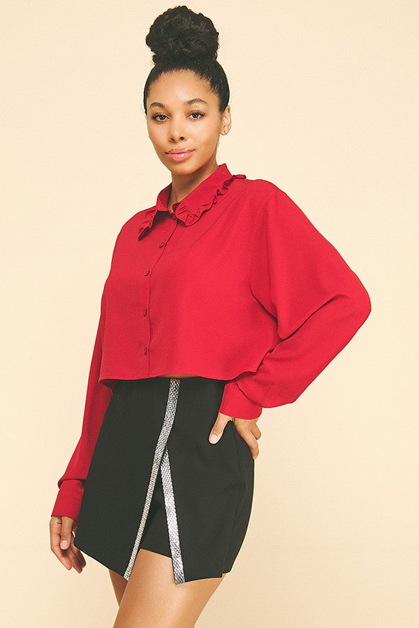 Textured Crepe Ruffled Lace Collar Cropped Blouse