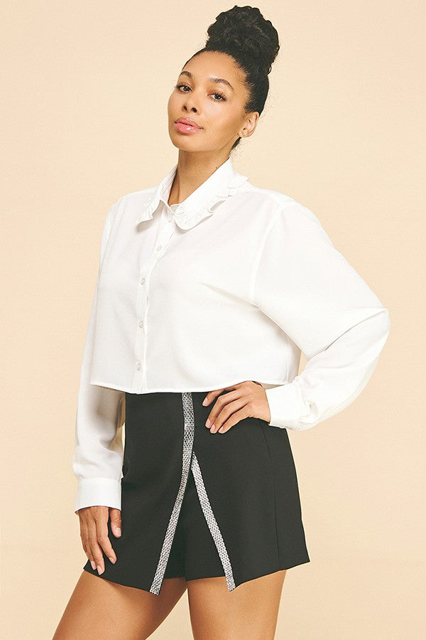 Textured Crepe Ruffled Lace Collar Cropped Blouse